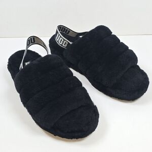 UGG Fluff Yeah Black Shearling Slippers Cozy Fur Slide Sandals Sz.10 Lounge Wear